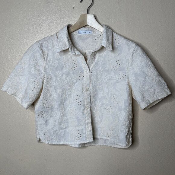 Mango Shirt Women's Medium Beige Button Up Short Sleeve Cropped Embroidered - Picture 1 of 8
